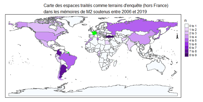 Carte des espaces traités dans le monde dans les mémoires soutenus entre 2006 et 2019