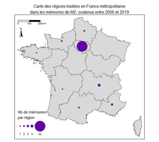 Carte des espaces traités en France métropolitaine dans les mémoires soutenus entre 2006 et 2019 (description dans le texte ci-dessus)
