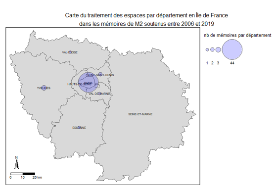 Carte des espaces traités en Île-de-France dans les mémoires soutenus entre 2006 et 2019
